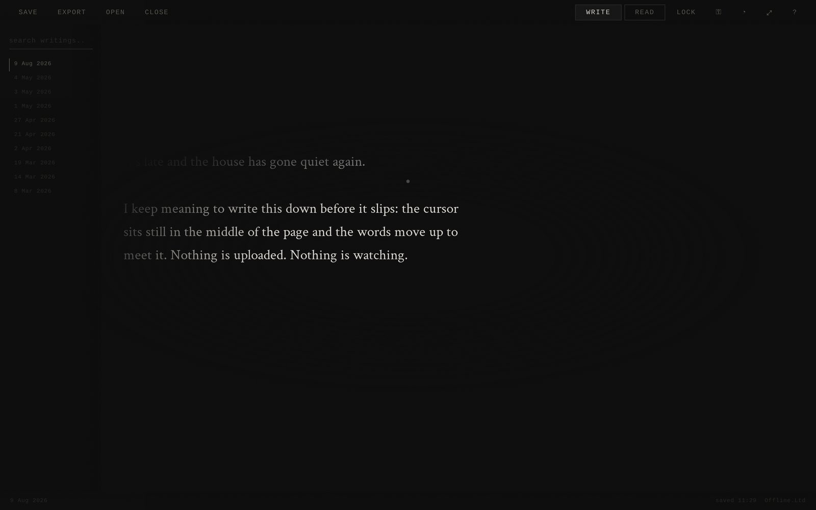 Write view with controls — dark theme, write view of The Eternal Journal