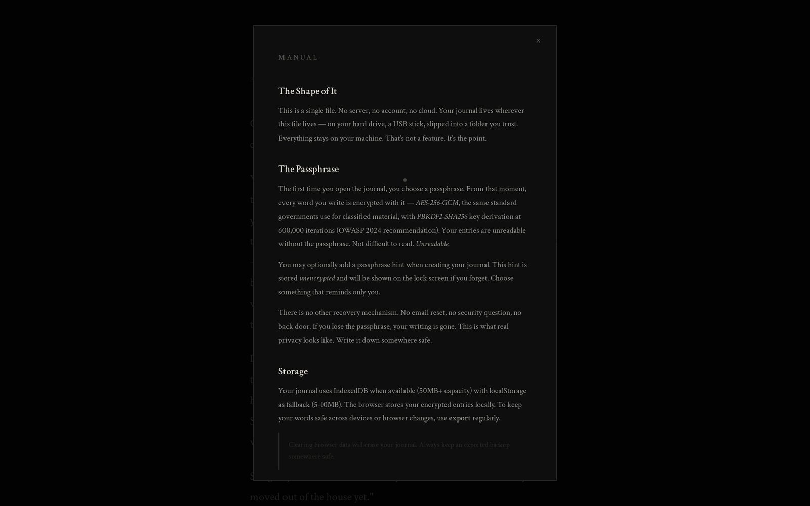 Manual in dark theme — dark theme, manual view of The Eternal Journal